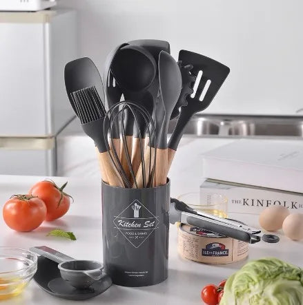 Kit 12 Peças Utensílios Cozinha Silicone Maciço Com Cabo De Madeira Colheres Super Praticas