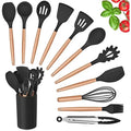 Kit 12 Peças Utensílios Cozinha Silicone Maciço Com Cabo De Madeira Colheres Super Praticas