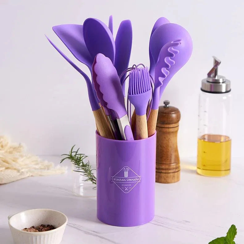 Kit 12 Peças Utensílios Cozinha Silicone Maciço Com Cabo De Madeira Colheres Super Praticas