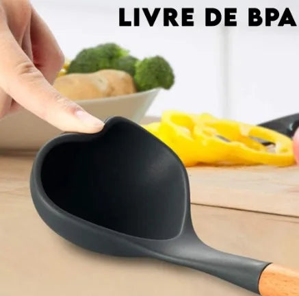 Kit 12 Peças Utensílios Cozinha Silicone Maciço Com Cabo De Madeira Colheres Super Praticas