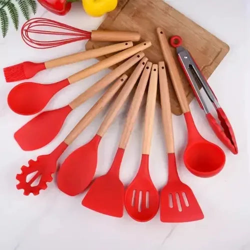 Kit 12 Peças Utensílios Cozinha Silicone Maciço Com Cabo De Madeira Colheres Super Praticas